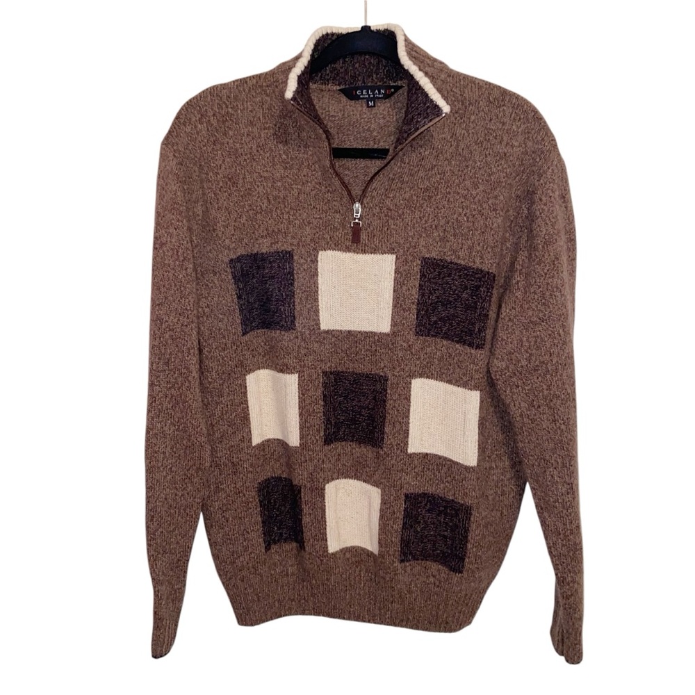 Iceland Italy Sweater Mens Medium Brown Wool Silk 1/4 Zip Pullover Dad Grandpa